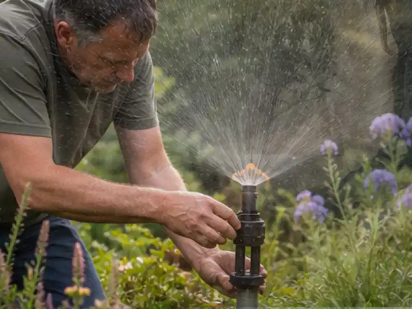Person richtet einen laufenden Gartensprenger zwischen Stauden präzise aus; Thema Gartenpflanzen, Schwerpunkt Bewässerung; Titelbild.