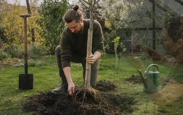 Person setzt einen jungen Zierbaum in ein vorbereitetes Pflanzloch im Garten; Thema Gartenpflanzen, Schwerpunkt Bewässerung; Kontrolle.