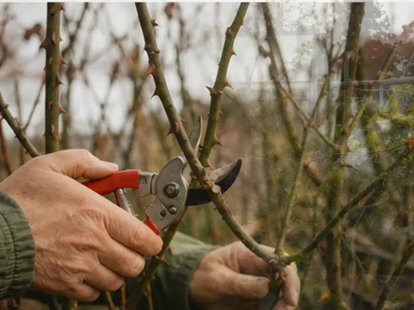 Hände schneiden einen älteren Rosenstrauch mit einer sauberen Gartenschere; Thema Gartenpflanzen, Schwerpunkt Boden; Titelbild.