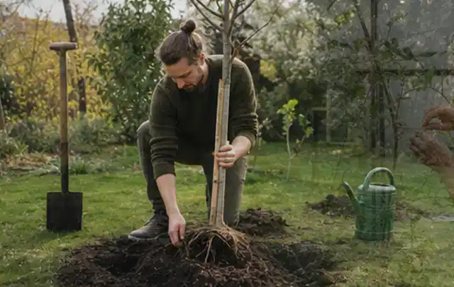Person setzt einen jungen Zierbaum in ein vorbereitetes Pflanzloch im Garten; Thema Gartenpflanzen, Schwerpunkt Boden; Ergebnis.