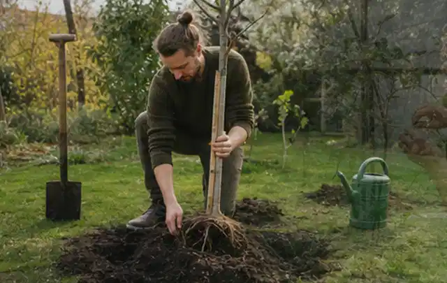 Person setzt einen jungen Zierbaum in ein vorbereitetes Pflanzloch im Garten; Thema Gartenpflanzen, Schwerpunkt Düngung; Umsetzung.