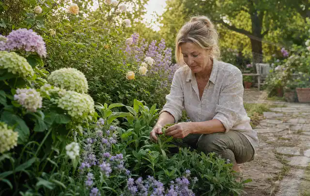 Person pflegt üppige Pflanzen in einem natürlich beleuchteten Garten; Thema Gartenpflanzen, Schwerpunkt Düngung; Kontrolle.