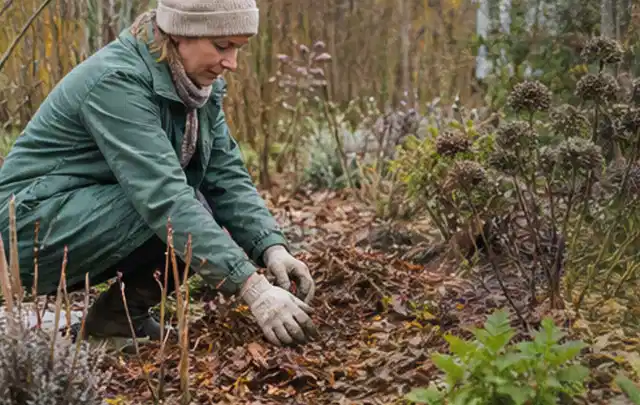 Person verteilt eine schützende Mulchschicht zwischen winterlichen Stauden; Thema Gartenpflanzen, Schwerpunkt Düngung; Ergebnis.