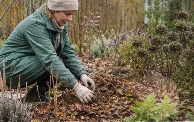 Person verteilt eine schützende Mulchschicht zwischen winterlichen Stauden; Thema Gartenpflanzen, Schwerpunkt Einsteigerwissen; Praxisalltag.