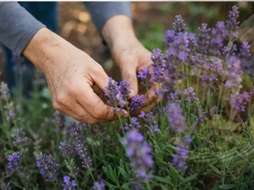 Hände pflegen blühenden Lavendel in einem natürlich angelegten Gartenbeet; Thema Gartenpflanzen, Schwerpunkt Jahrespflege; Titelbild.