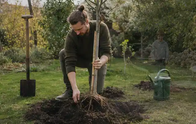 Person setzt einen jungen Zierbaum in ein vorbereitetes Pflanzloch im Garten; Thema Gartenpflanzen, Schwerpunkt Kaufberatung; Ausgangslage.