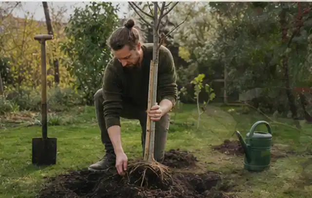 Person setzt einen jungen Zierbaum in ein vorbereitetes Pflanzloch im Garten; Thema Gartenpflanzen, Schwerpunkt Pflanzen; Umsetzung.