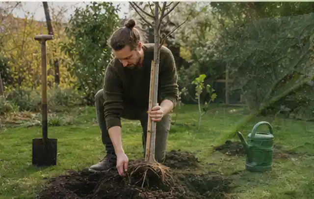 Person setzt einen jungen Zierbaum in ein vorbereitetes Pflanzloch im Garten; Thema Gartenpflanzen, Schwerpunkt Pflanzengesundheit; Praxisalltag.