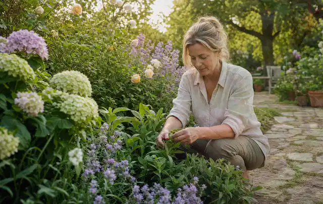 Person pflegt üppige Pflanzen in einem natürlich beleuchteten Garten; Thema Gartenpflanzen, Schwerpunkt Pflanzenschutz; Praxisalltag.