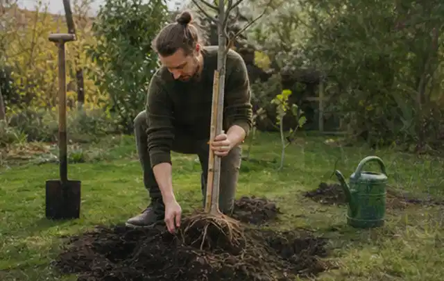Person setzt einen jungen Zierbaum in ein vorbereitetes Pflanzloch im Garten; Thema Gartenpflanzen, Schwerpunkt Pflanzpartner; Ergebnis.
