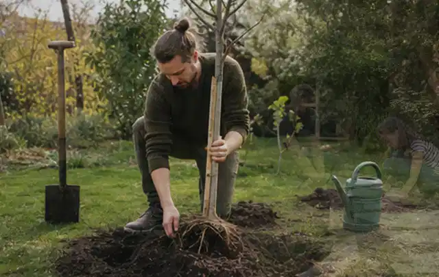 Person setzt einen jungen Zierbaum in ein vorbereitetes Pflanzloch im Garten; Thema Gartenpflanzen, Schwerpunkt Problemlösung; Ausgangslage.