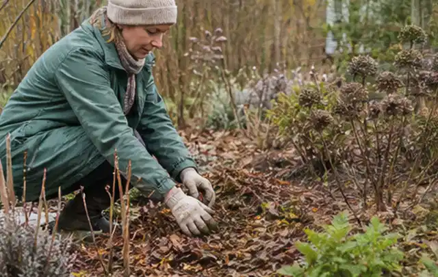 Person verteilt eine schützende Mulchschicht zwischen winterlichen Stauden; Thema Gartenpflanzen, Schwerpunkt Problemlösung; Kontrolle.