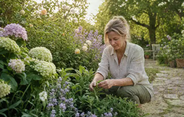 Person pflegt üppige Pflanzen in einem natürlich beleuchteten Garten; Thema Gartenpflanzen, Schwerpunkt Rückschnitt; Kontrolle.