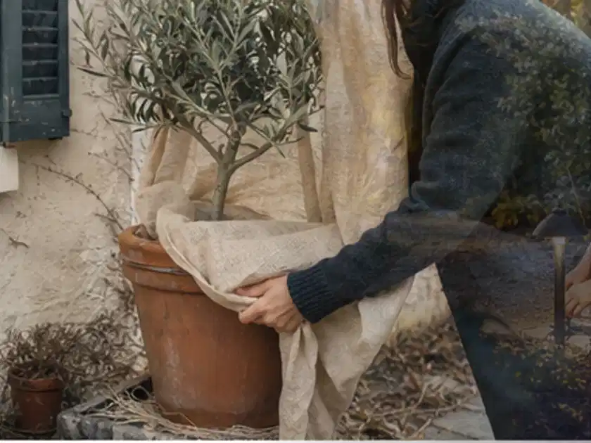 Person umhüllt eine mediterrane Kübelpflanze mit atmungsaktivem Winterschutz; Thema Gartenpflanzen, Schwerpunkt Sortenwahl; Titelbild.