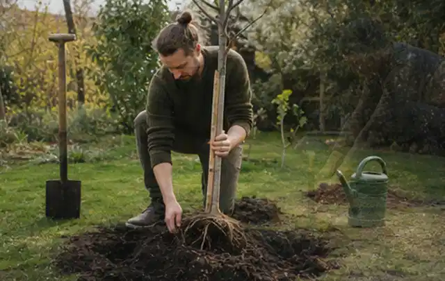 Person setzt einen jungen Zierbaum in ein vorbereitetes Pflanzloch im Garten; Thema Gartenpflanzen, Schwerpunkt Sortenwahl; Ausgangslage.