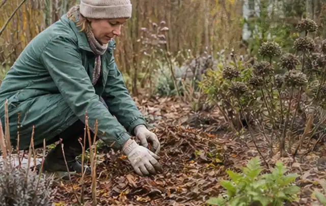 Person verteilt eine schützende Mulchschicht zwischen winterlichen Stauden; Thema Gartenpflanzen, Schwerpunkt Sortenwahl; Kontrolle.