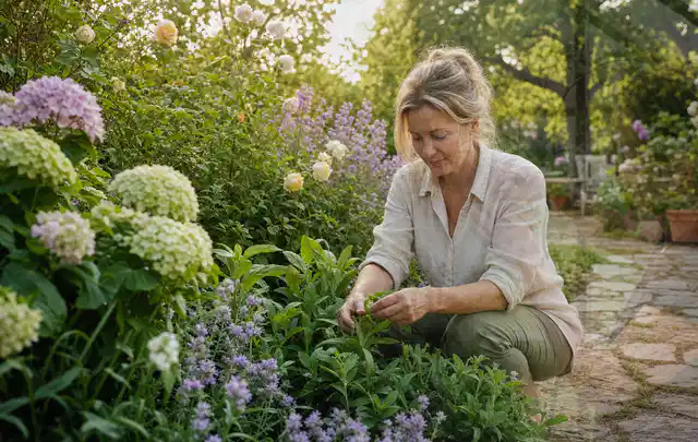 Person pflegt üppige Pflanzen in einem natürlich beleuchteten Garten; Thema Gartenpflanzen, Schwerpunkt Sortenwahl; Praxisalltag.