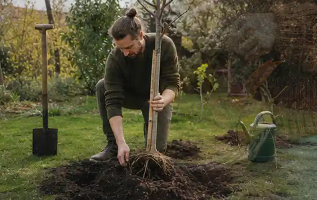 Person setzt einen jungen Zierbaum in ein vorbereitetes Pflanzloch im Garten; Thema Gartenpflanzen, Schwerpunkt Standort; Ergebnis.