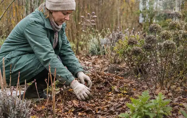 Person verteilt eine schützende Mulchschicht zwischen winterlichen Stauden; Thema Gartenpflanzen, Schwerpunkt Wachstum; Umsetzung.