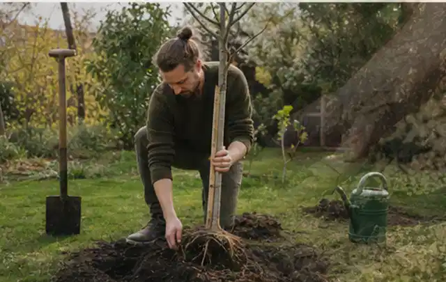 Person setzt einen jungen Zierbaum in ein vorbereitetes Pflanzloch im Garten; Thema Gartenpflanzen, Schwerpunkt Winterpflege; Ausgangslage.