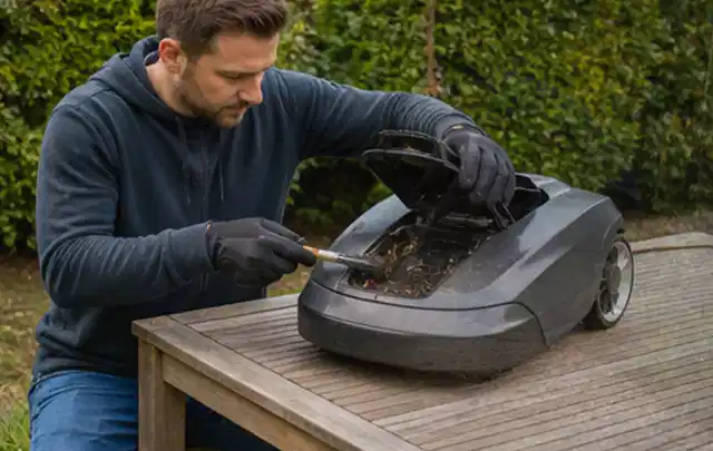 Person wartet einen geöffneten Mähroboter auf einem stabilen Gartentisch; Thema Gartenpumpen, Schwerpunkt Anwendung; Ausgangslage.