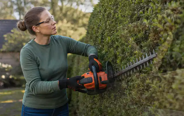 Person schneidet eine dichte Gartenhecke mit Schutzbrille und sicherem Stand; Thema Gartenpumpen, Schwerpunkt Anwendung; Kontrolle.