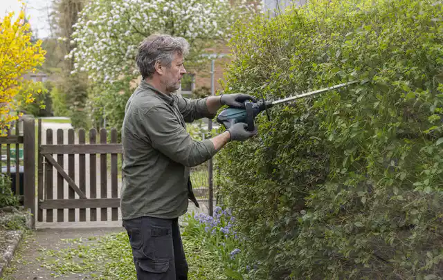 Person schneidet eine Gartenhecke mit einem motorisierten Gartengerät; Thema Gartenpumpen, Schwerpunkt Anwendung; Praxisalltag.