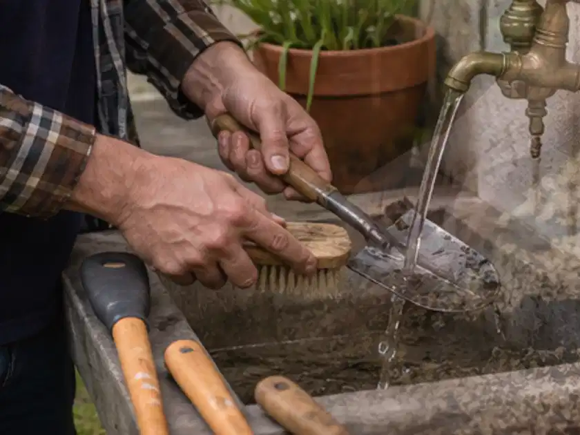 Hände reinigen gebrauchte Gartengeräte mit Bürste und Wasser am Außenbecken; Thema Gartenpumpen, Schwerpunkt Bestenliste; Titelbild.