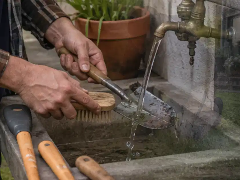 Hände reinigen gebrauchte Gartengeräte mit Bürste und Wasser am Außenbecken; Thema Gartenpumpen, Schwerpunkt Checkliste; Titelbild.