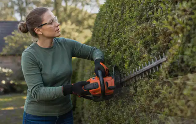 Person schneidet eine dichte Gartenhecke mit Schutzbrille und sicherem Stand; Thema Gartenpumpen, Schwerpunkt Checkliste; Kontrolle.