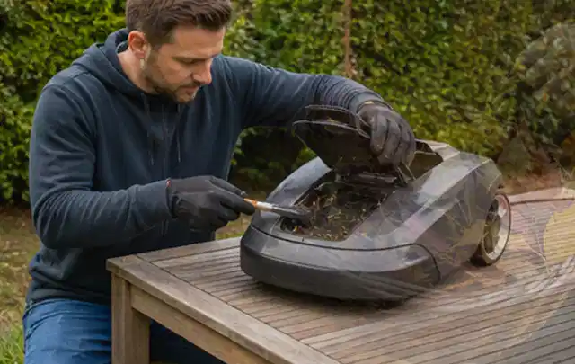 Person wartet einen geöffneten Mähroboter auf einem stabilen Gartentisch; Thema Gartenpumpen, Schwerpunkt Checkliste; Ergebnis.