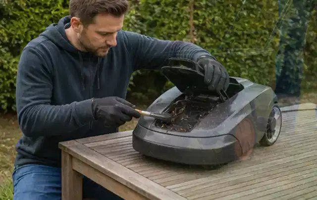 Person wartet einen geöffneten Mähroboter auf einem stabilen Gartentisch; Thema Gartenpumpen, Schwerpunkt Dimensionierung; Praxisalltag.