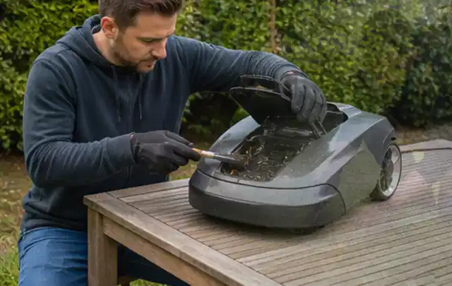 Person wartet einen geöffneten Mähroboter auf einem stabilen Gartentisch; Thema Gartenpumpen, Schwerpunkt Ersatzteile; Praxisalltag.