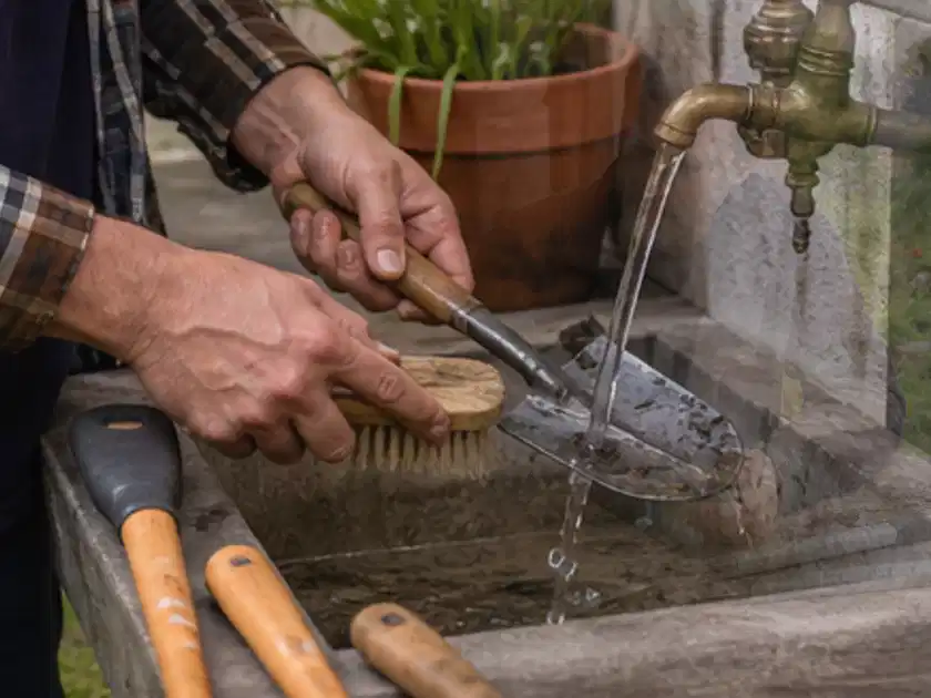 Hände reinigen gebrauchte Gartengeräte mit Bürste und Wasser am Außenbecken; Thema Gartenpumpen, Schwerpunkt Fehlerhilfe; Titelbild.