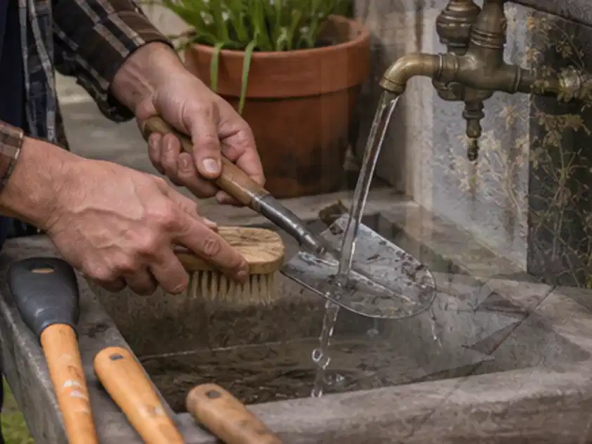 Hände reinigen gebrauchte Gartengeräte mit Bürste und Wasser am Außenbecken; Thema Gartenpumpen, Schwerpunkt Gärten mit großer Fläche; Titelbild.