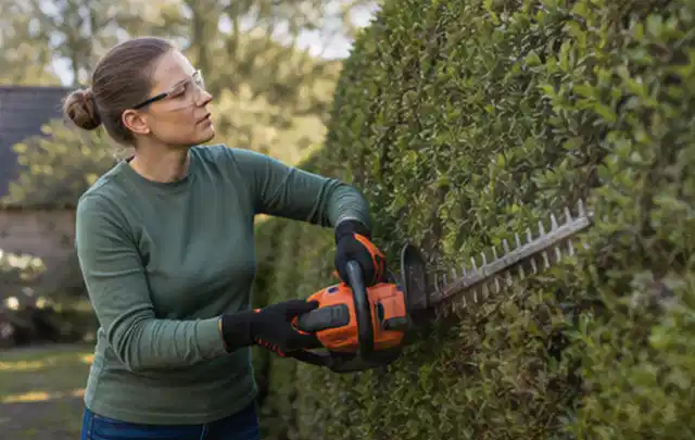 Person schneidet eine dichte Gartenhecke mit Schutzbrille und sicherem Stand; Thema Gartenpumpen, Schwerpunkt Gärten mit großer Fläche; Praxisalltag.