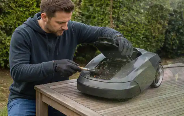 Person wartet einen geöffneten Mähroboter auf einem stabilen Gartentisch; Thema Gartenpumpen, Schwerpunkt Gärten mit kleiner Fläche; Ausgangslage.
