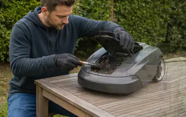 Person wartet einen geöffneten Mähroboter auf einem stabilen Gartentisch; Thema Gartenpumpen, Schwerpunkt Kaufberatung; Kontrolle.