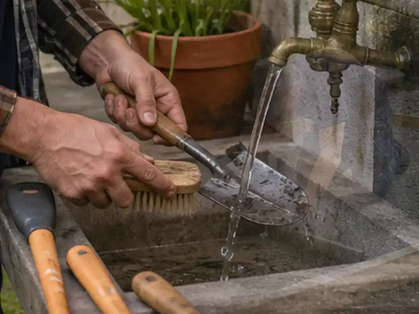 Hände reinigen gebrauchte Gartengeräte mit Bürste und Wasser am Außenbecken; Thema Gartenpumpen, Schwerpunkt Kosten; Titelbild.