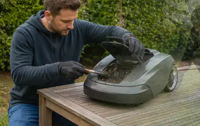 Person wartet einen geöffneten Mähroboter auf einem stabilen Gartentisch; Thema Gartenpumpen, Schwerpunkt Nachhaltigkeit; Kontrolle.