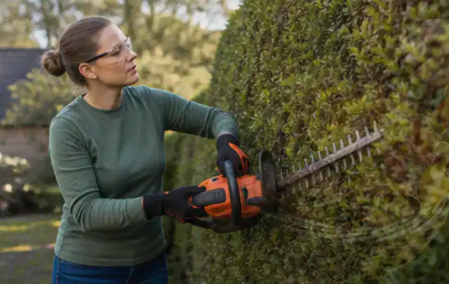 Person schneidet eine dichte Gartenhecke mit Schutzbrille und sicherem Stand; Thema Gartenpumpen, Schwerpunkt Reinigung; Praxisalltag.
