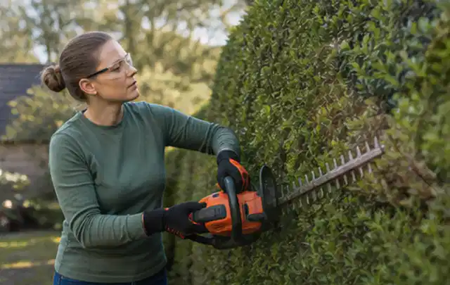 Person schneidet eine dichte Gartenhecke mit Schutzbrille und sicherem Stand; Thema Gartenpumpen, Schwerpunkt Reparatur; Ausgangslage.