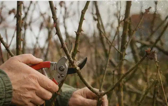 Hände schneiden einen älteren Rosenstrauch mit einer sauberen Gartenschere; Thema Gartenpumpen, Schwerpunkt Sicherheit; Ergebnis.