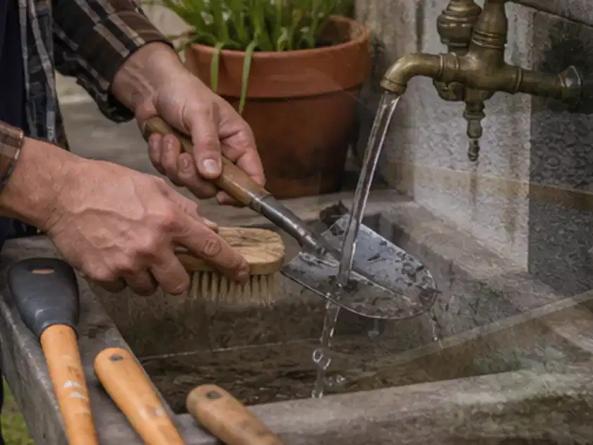 Hände reinigen gebrauchte Gartengeräte mit Bürste und Wasser am Außenbecken; Thema Gartenpumpen, Schwerpunkt Systemvergleich; Titelbild.