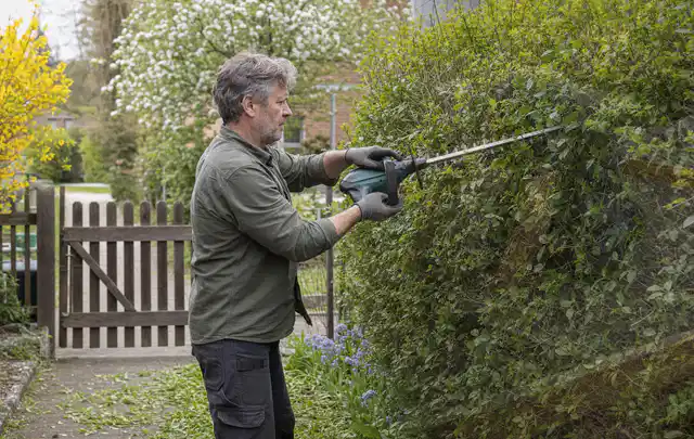 Person schneidet eine Gartenhecke mit einem motorisierten Gartengerät; Thema Gartenpumpen, Schwerpunkt Testkriterien; Ergebnis.