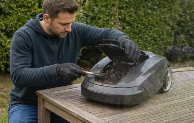 Person wartet einen geöffneten Mähroboter auf einem stabilen Gartentisch; Thema Gartenpumpen, Schwerpunkt Testkriterien; Praxisalltag.