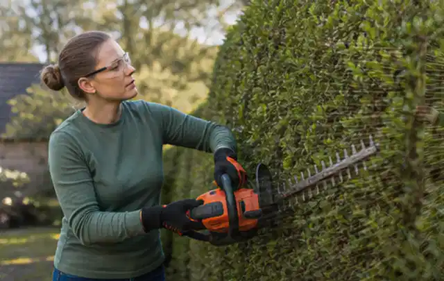 Person schneidet eine dichte Gartenhecke mit Schutzbrille und sicherem Stand; Thema Gartenpumpen, Schwerpunkt Wartung; Umsetzung.