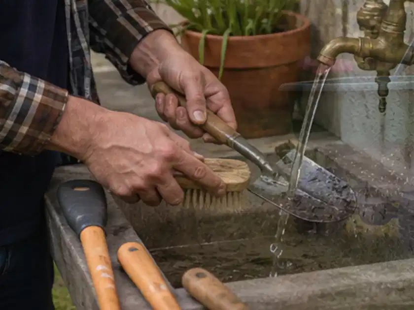 Hände reinigen gebrauchte Gartengeräte mit Bürste und Wasser am Außenbecken; Thema Gartenpumpen, Schwerpunkt Winterlager; Titelbild.