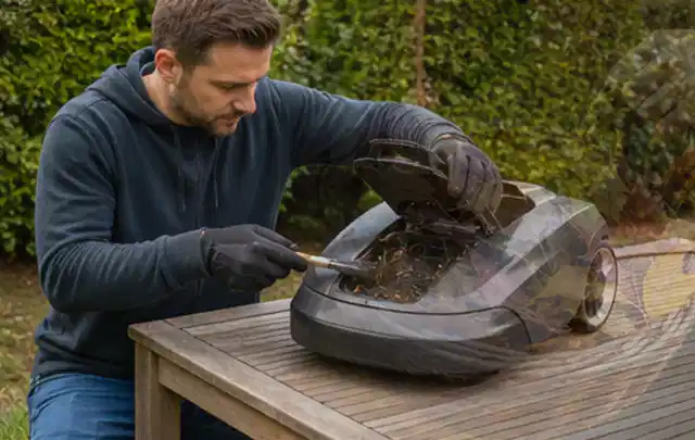 Person wartet einen geöffneten Mähroboter auf einem stabilen Gartentisch; Thema Gartenpumpen, Schwerpunkt Winterlager; Umsetzung.