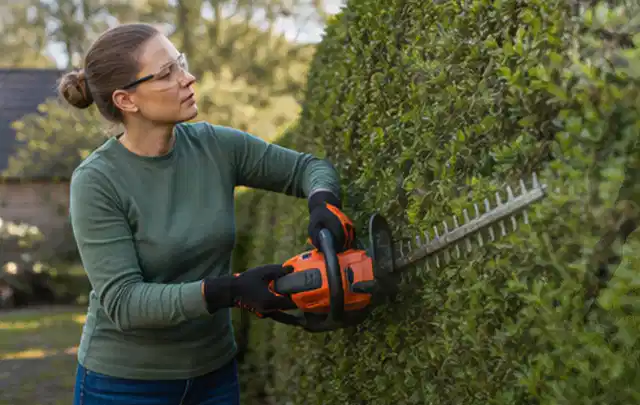 Person schneidet eine dichte Gartenhecke mit Schutzbrille und sicherem Stand; Thema Gartenpumpen, Schwerpunkt Winterlager; Praxisalltag.